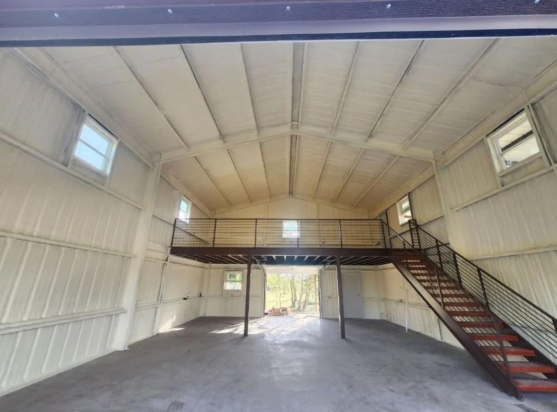 30x40 Custom Metal Building with Steel Balcony, Mezzanine and a Wraparound Porch. 30x40 Custom Metal Building with Steel Balcony, Mezzanine and a Wraparound Porch.