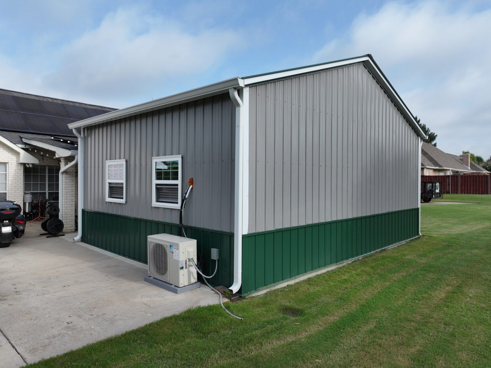 26x20 Grey and Green Tubular Steel Building in Red Oak, TX. 26x20 Grey and Green Tubular Steel Building in Red Oak, TX.