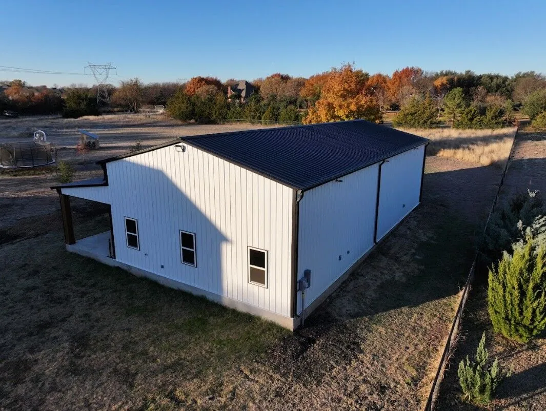30x60 Custom Metal Building with Cedar Porch in Prosper, TX. 30x60 Custom Metal Building with Cedar Porch in Prosper, TX.