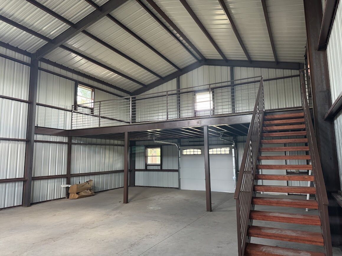 30x40 Custom Metal Building with Steel Balcony, Mezzanine and a Wraparound Porch. 30x40 Custom Metal Building with Steel Balcony, Mezzanine and a Wraparound Porch.