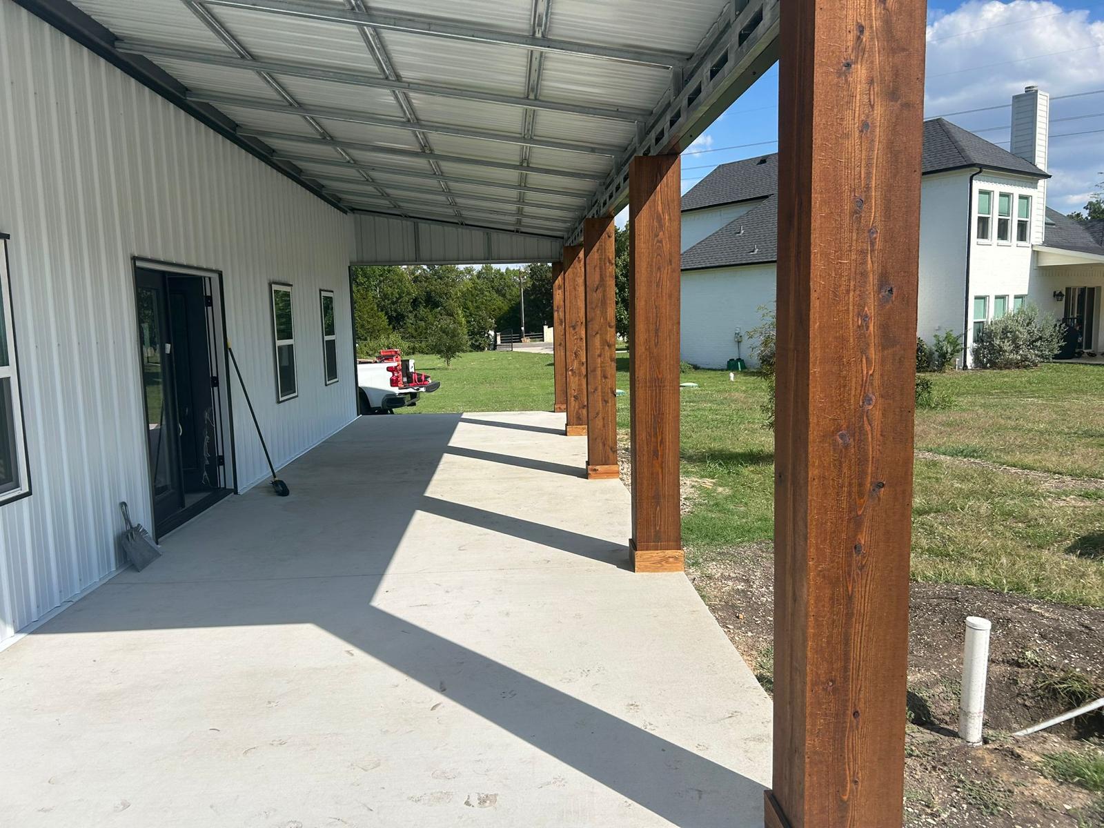 30x60 Custom Metal Building with Cedar Porch in Prosper, TX. 30x60 Custom Metal Building with Cedar Porch in Prosper, TX.