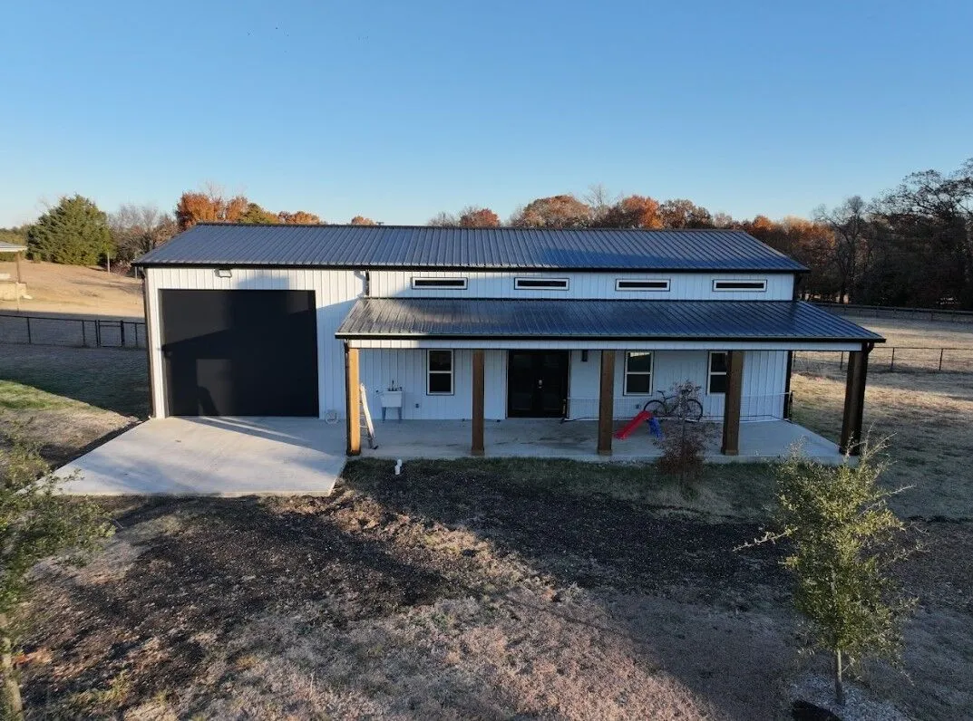 30x60 Custom Metal Building with Cedar Porch in Prosper, TX. 30x60 Custom Metal Building with Cedar Porch in Prosper, TX.