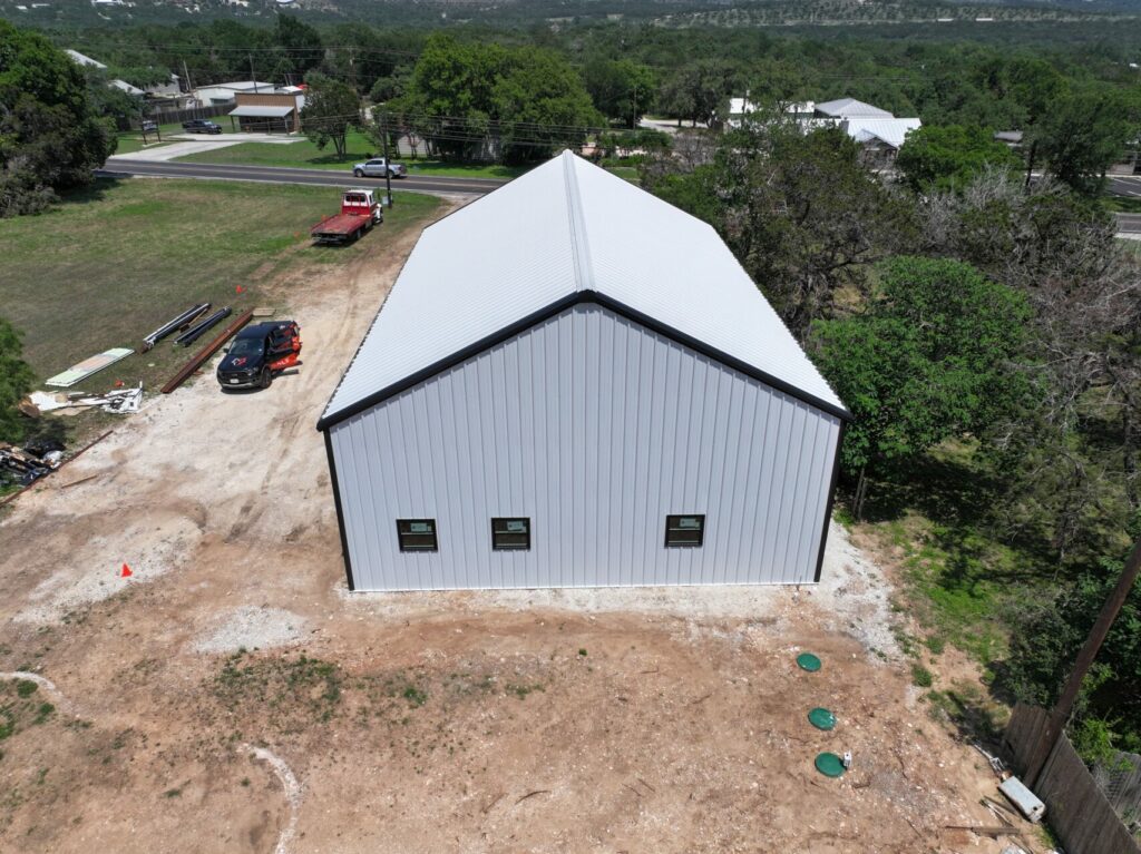 40x60 Red Iron Metal Garage in Wimberley, Texas.