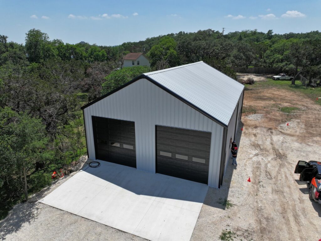 40x60 Red Iron Metal Garage in Wimberley, Texas.