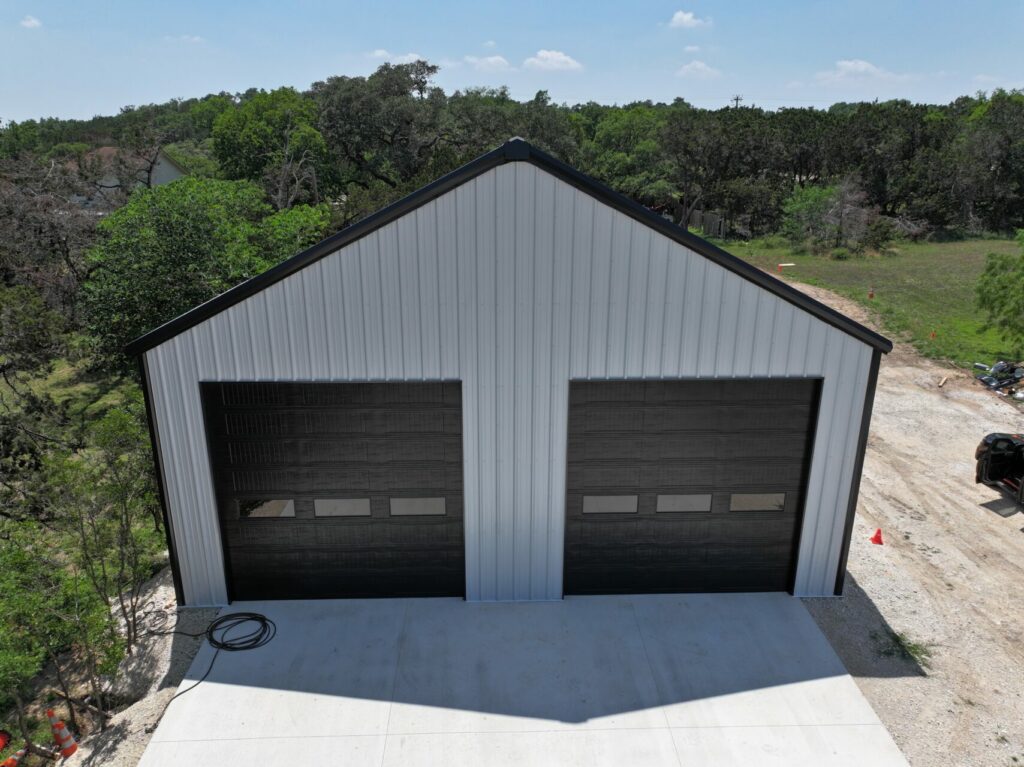 40x60 Red Iron Metal Garage in Wimberley, Texas.