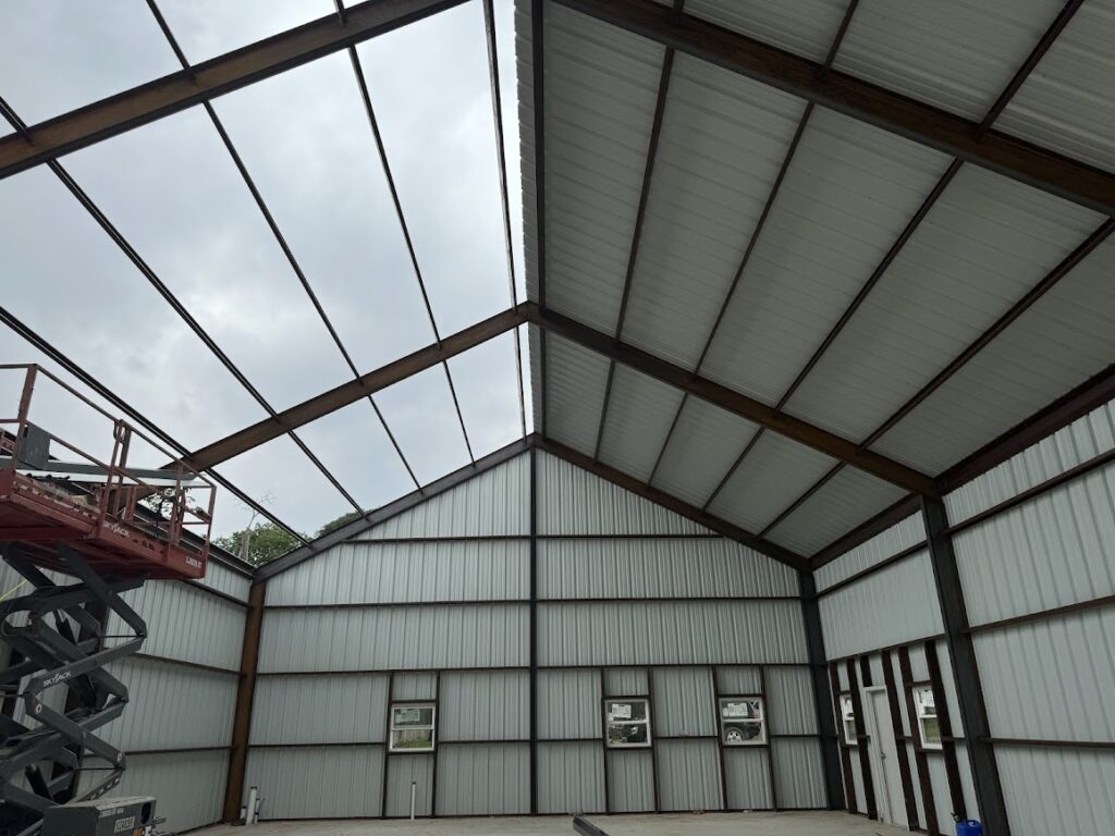 40x60 Red Iron Metal Garage in Wimberley, Texas.