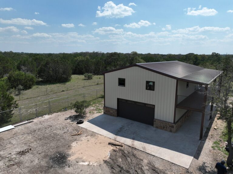 30x40 Custom Metal Building with Steel Balcony, Mezzanine and a Wraparound Porch.