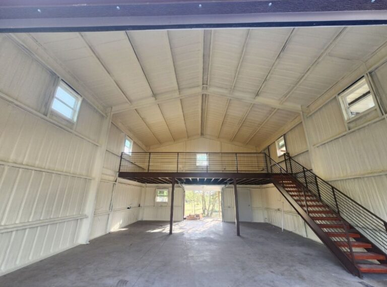 30x40 Custom Metal Building with Steel Balcony, Mezzanine and a Wraparound Porch.
