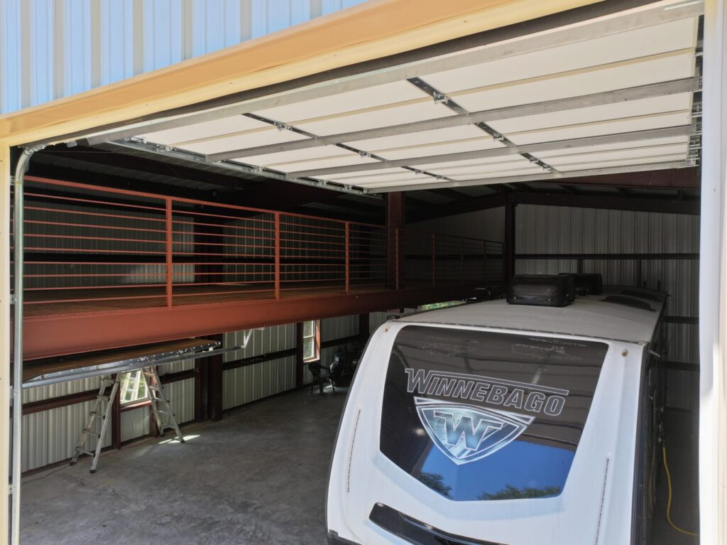34x44 Custom Metal Garage with Mezzanine in Flower Mound, TX.