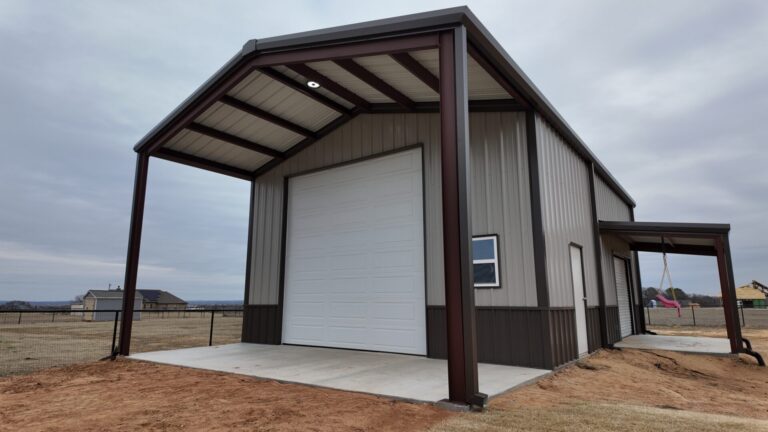 26x45 Red Iron Steel Building with Porch in Boyd, TX.