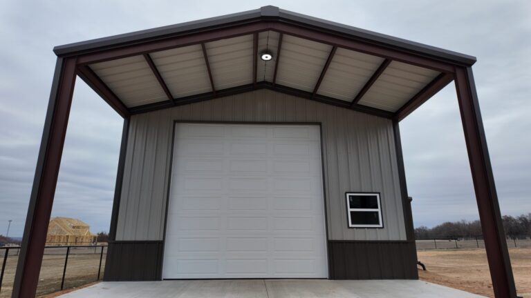 26x45 Red Iron Steel Building with Porch in Boyd, TX.