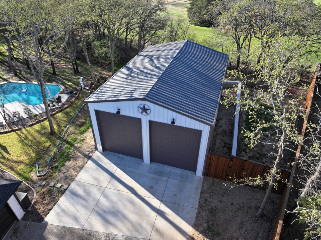 30x43 Red Iron Workshop Building in Flower Mound, TX.