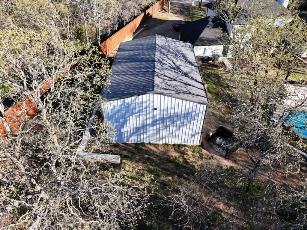 30x43 Red Iron Workshop Building in Flower Mound, TX.