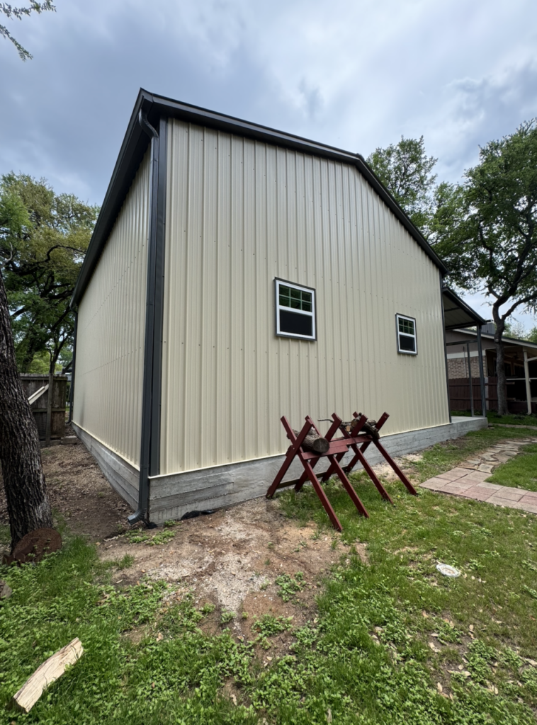 28x35 Tall Metal Garage with Side Lean-to in Georgetown, TX.