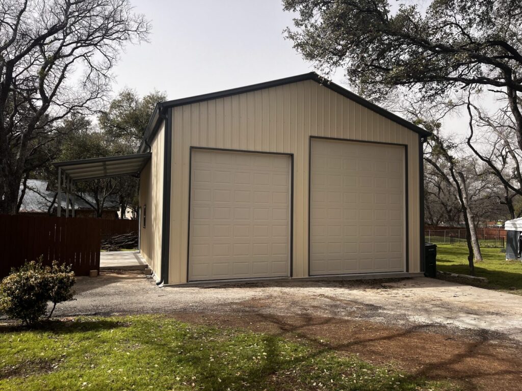 28x35 Tall Metal Garage with Side Lean-to in Georgetown, TX.