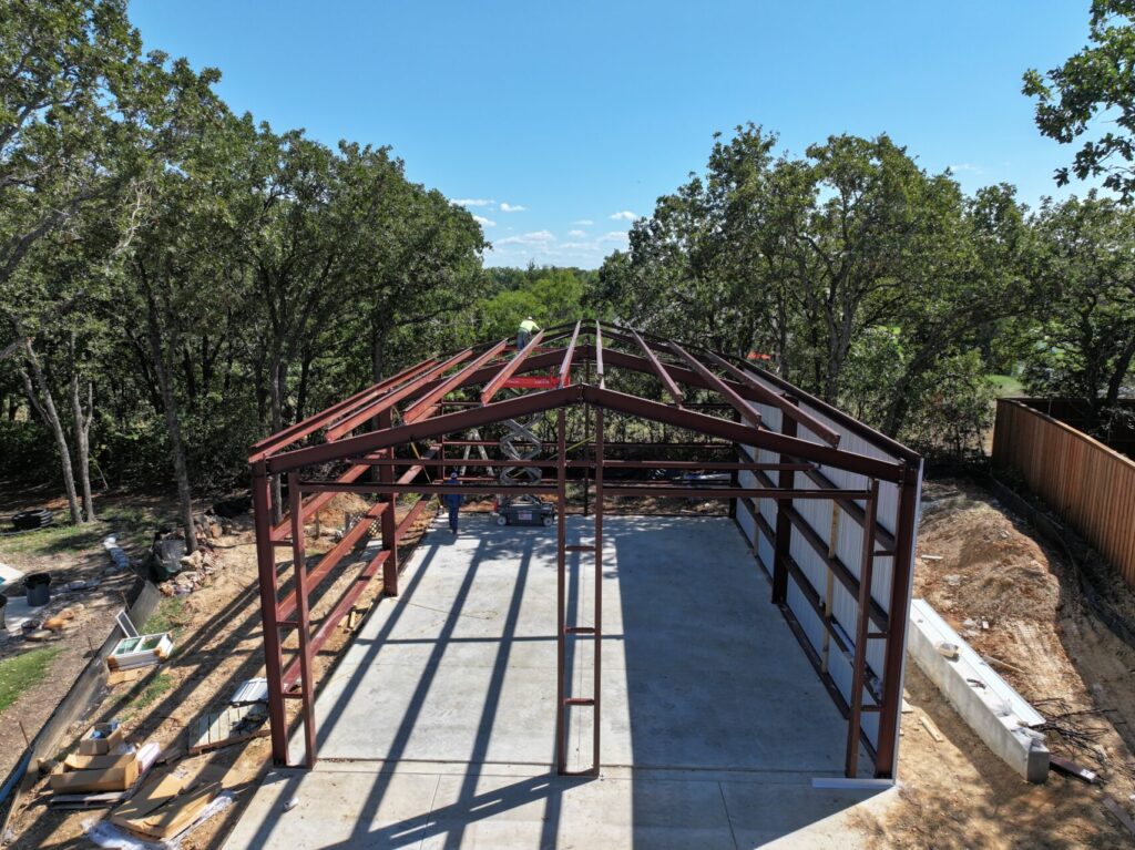 30x43 Red Iron Workshop Building in Flower Mound, TX.