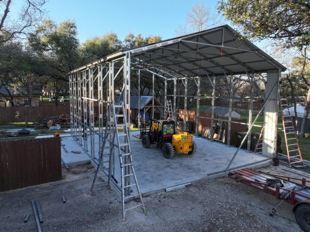 28x35 Tall Metal Garage with Side Lean-to in Georgetown, TX.