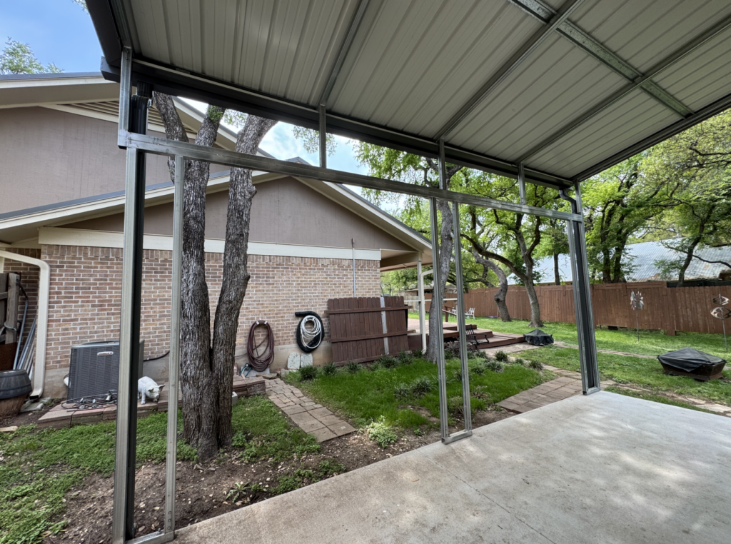 28x35 Tall Metal Garage with Side Lean-to in Georgetown, TX.
