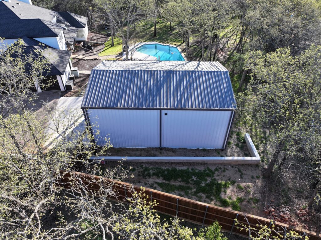 30x43 Red Iron Workshop Building in Flower Mound, TX.