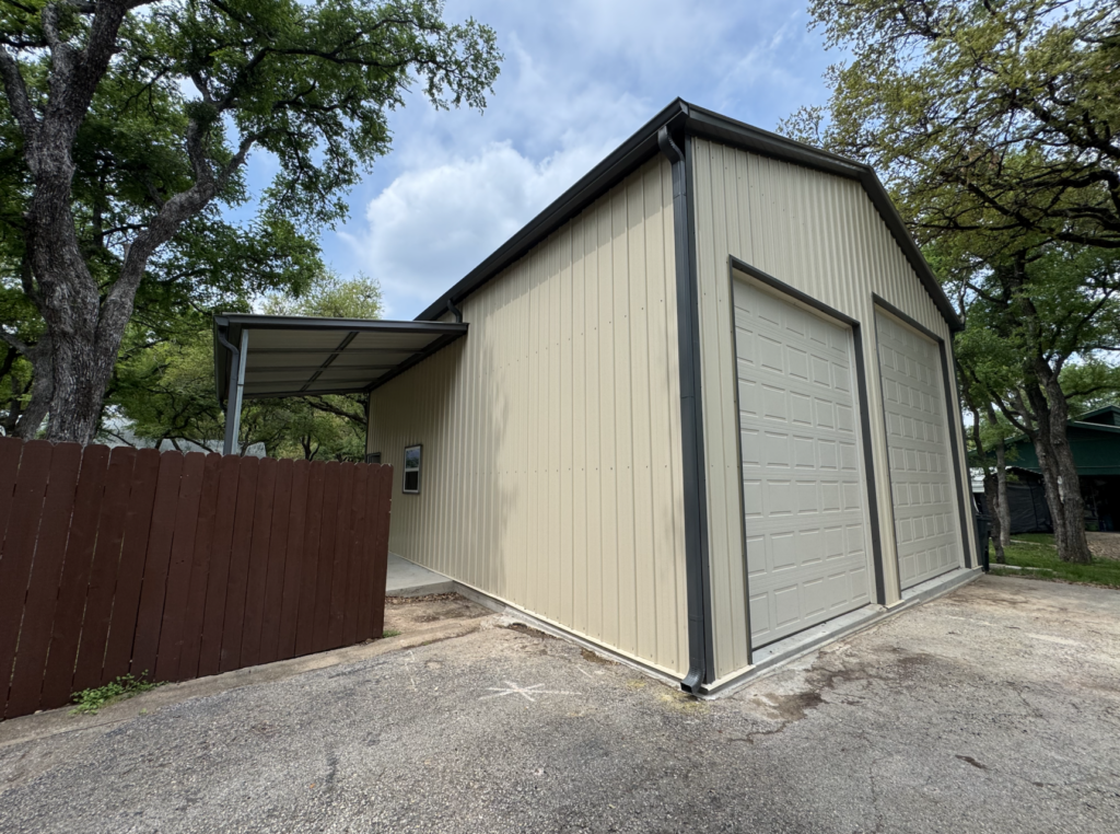 28x35 Tall Metal Garage with Side Lean-to in Georgetown, TX.