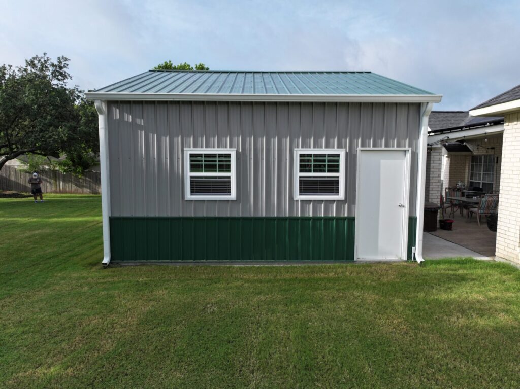 26x20 Grey and Green Tubular Steel Building in Red Oak, TX.