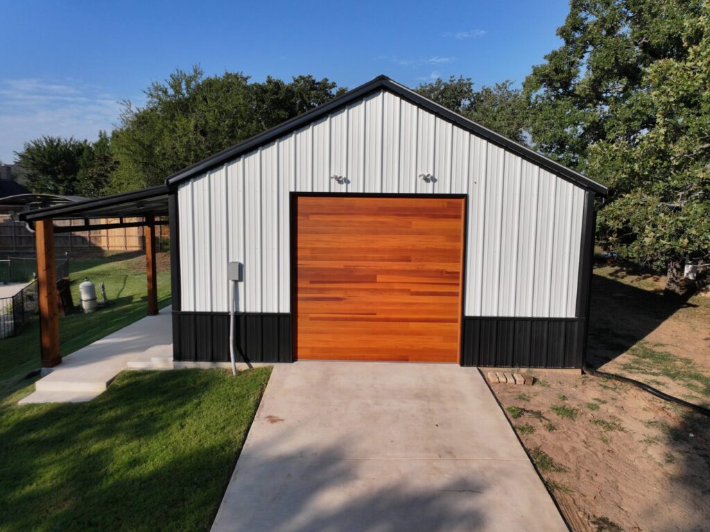 24x45 Custom Metal Garage with Cedar Accents in Flower Mound, TX.