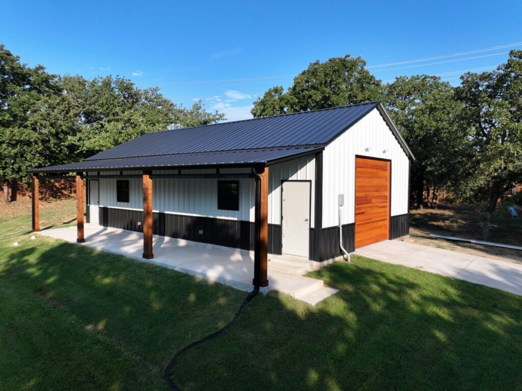 24x45 Custom Metal Garage with Cedar Accents in Flower Mound, TX.