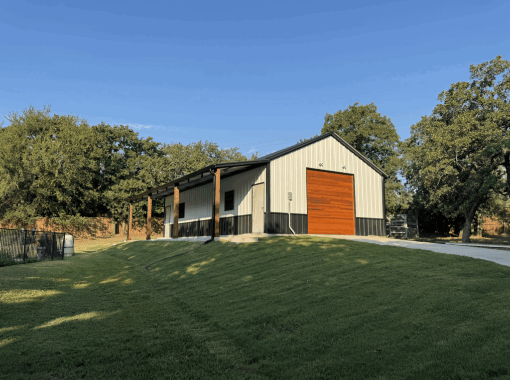 24x45 Custom Metal Garage with Cedar Accents in Flower Mound, TX.