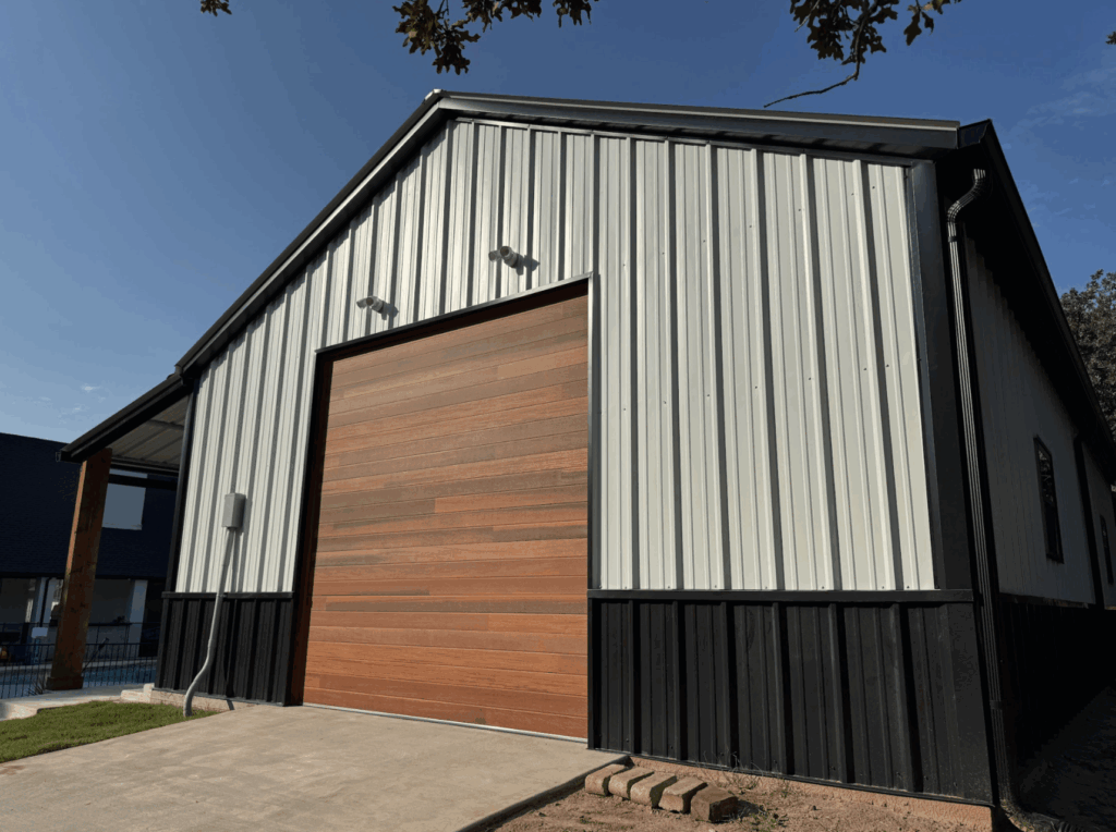 24x45 Custom Metal Garage with Cedar Accents in Flower Mound, TX.