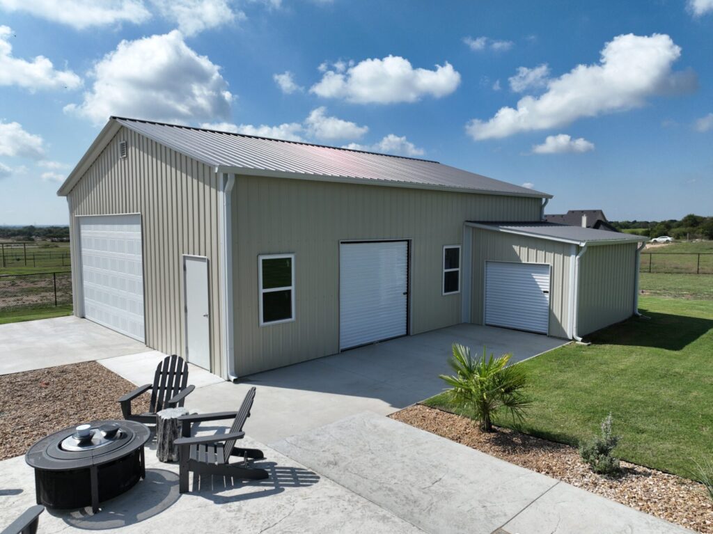 30x40 Tubular Detached Metal Garage with Closed Lean-to in Waxahachie, TX.