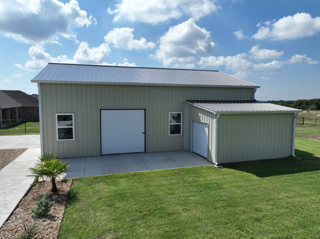 30x40 Tubular Detached Metal Garage with Closed Lean-to in Waxahachie, TX.