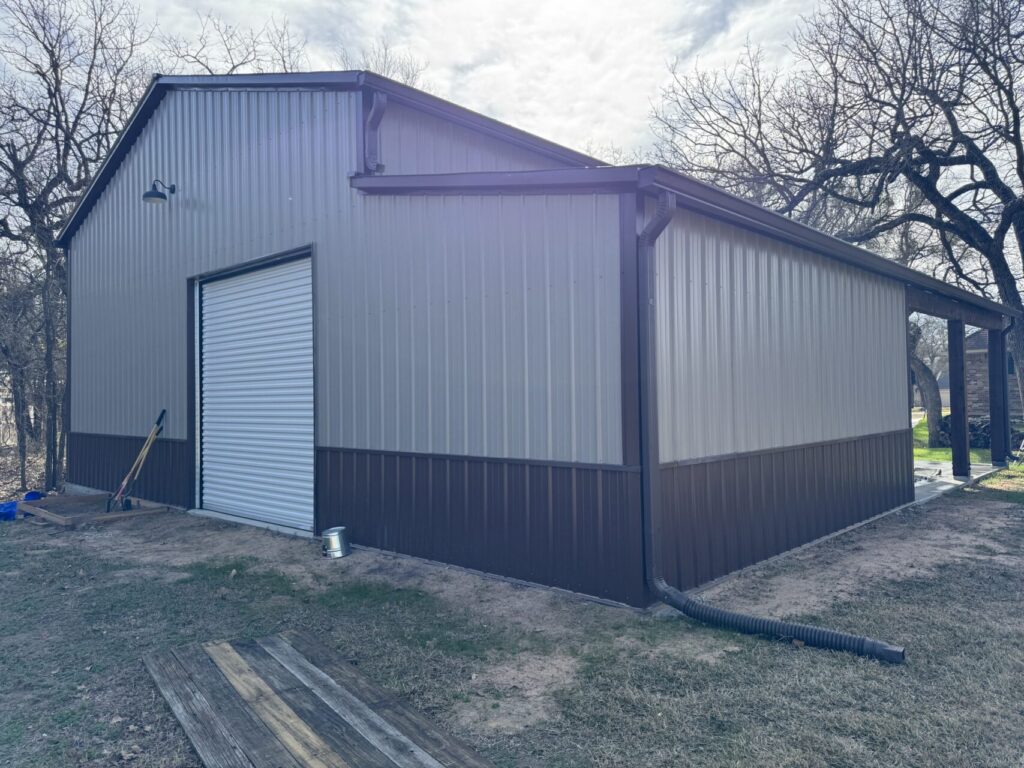 30x40 Metal Garage with Cedar Lean-to Posts in Weatherford, TX.