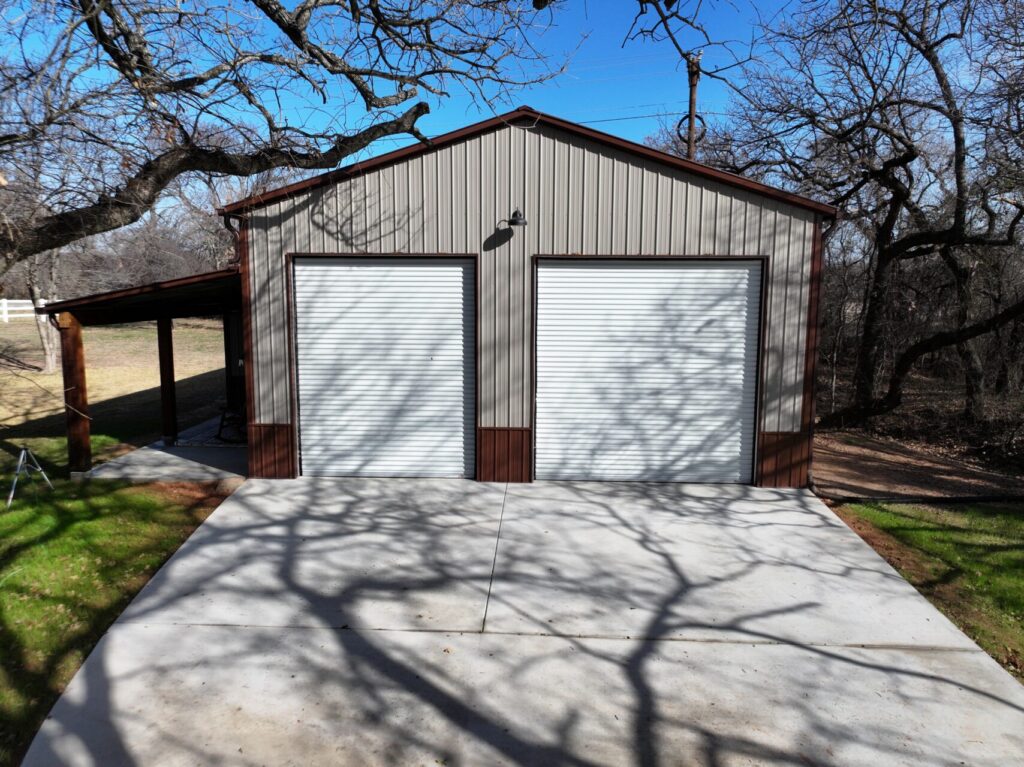 30x40 Metal Garage with Cedar Lean-to Posts in Weatherford, TX.