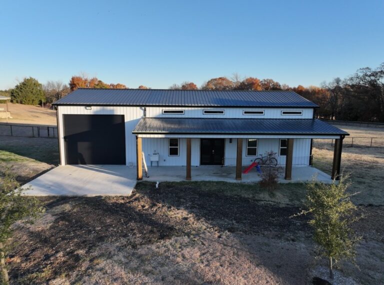 30x60 Custom Metal Building with Cedar Porch in Prosper, TX.