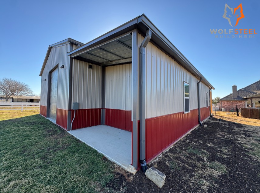 Tubular Metal Building with Gutters and Downspouts