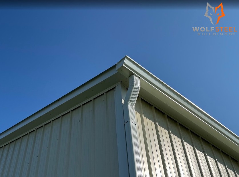 Standard 6” Gutter and 3”x4” Downspout System on a Tubular Metal Building